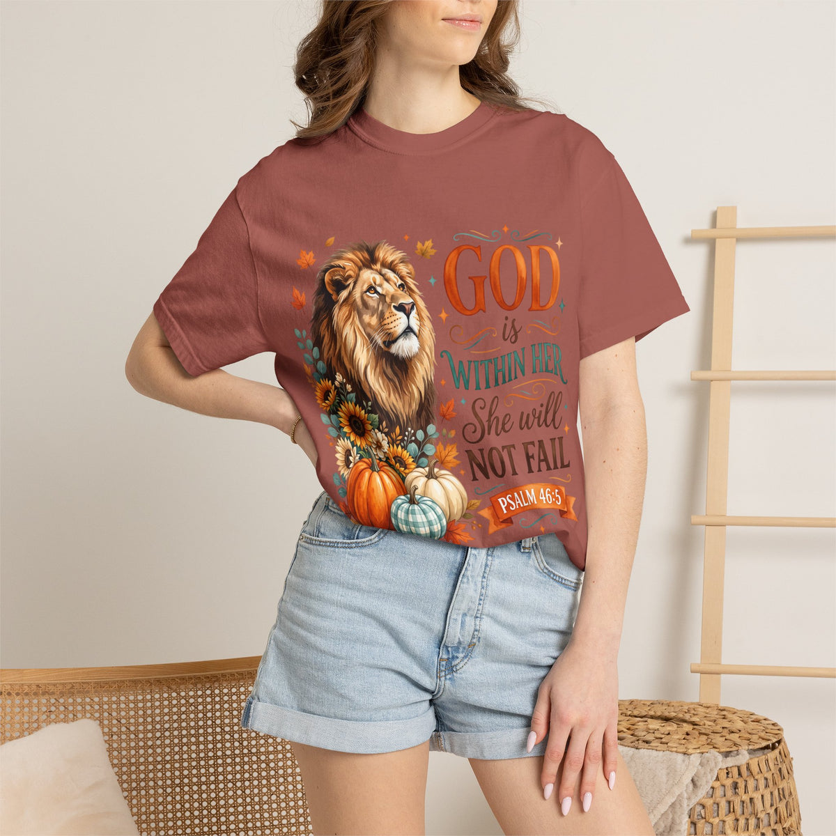 Christian Lion & Fall Pumpkins T-Shirt — "God Is Within Her She Will Not Fail" (Psalm 46:5)