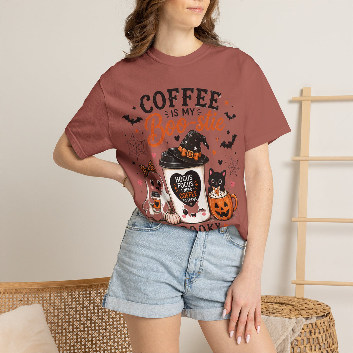Coffee Is My Boo-stie Halloween Tee — Spooky But Caffeinated Cat & Pumpkin Design
