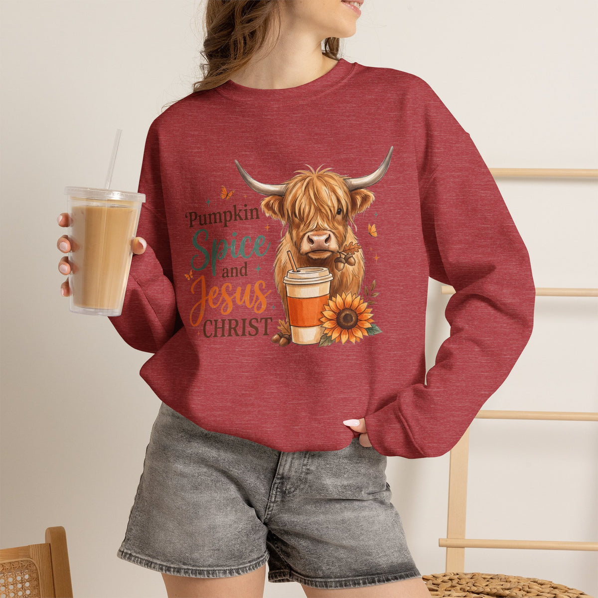 Crewneck Sweatshirt — Pumpkin Spice and Jesus Christ Highland Cow Fall Graphic