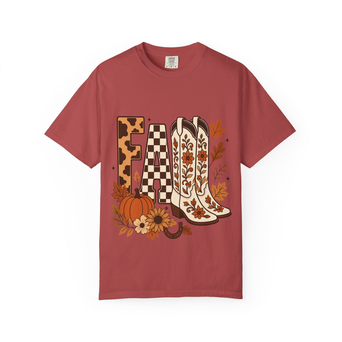 Fall Cowboy Boots T-Shirt — Pumpkin, Leaves & Floral Autumn Graphic Tee