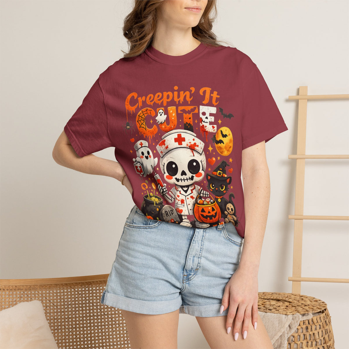 Creepin' It Cute Halloween T-Shirt — Trick or Treat Skeleton & Black Cat Tee