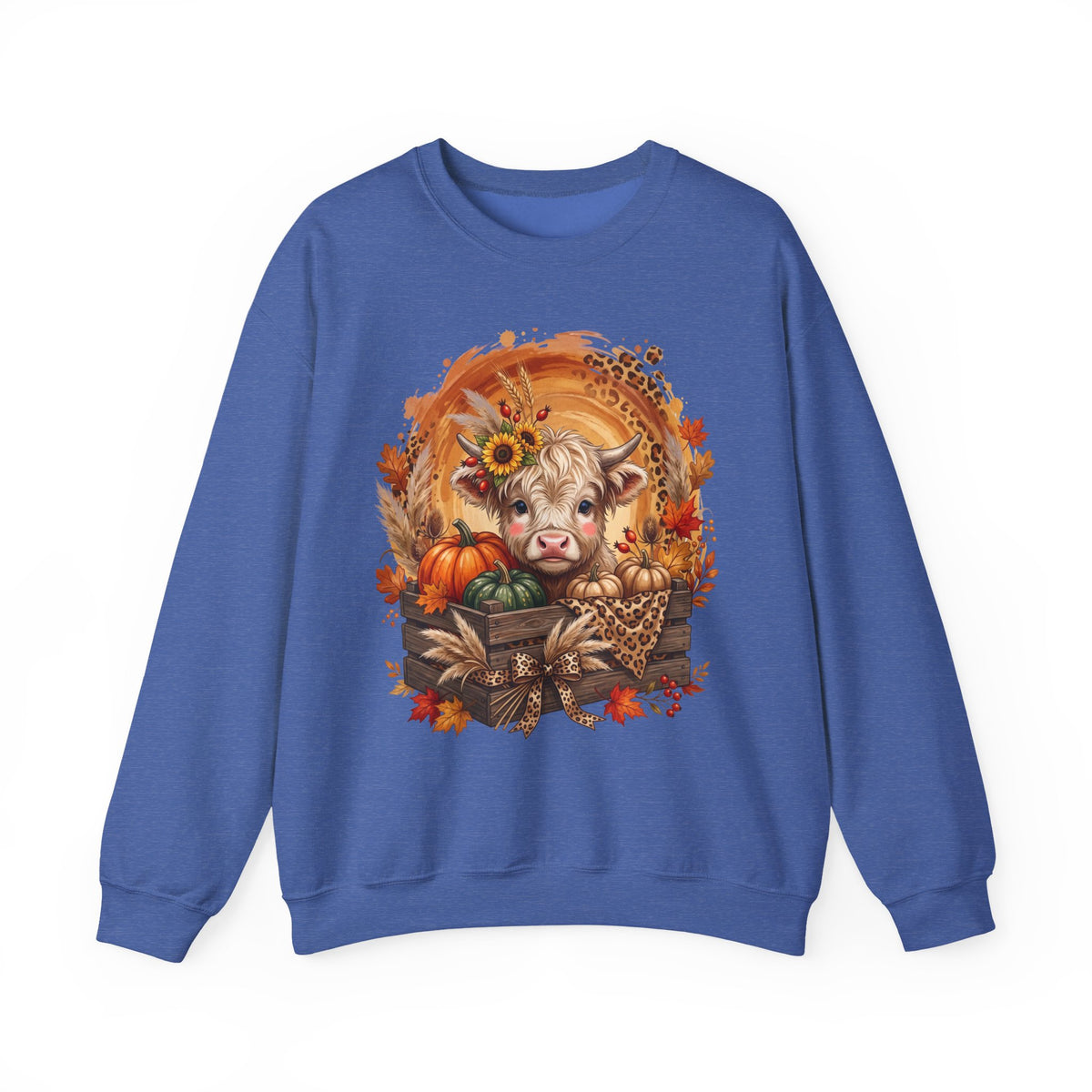 Fall Cow Crewneck Sweatshirt — Autumn Harvest Pumpkins & Sunflower Graphic
