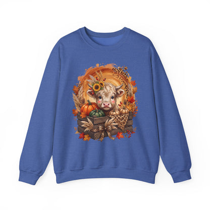 Fall Cow Crewneck Sweatshirt — Autumn Harvest Pumpkins & Sunflower Graphic