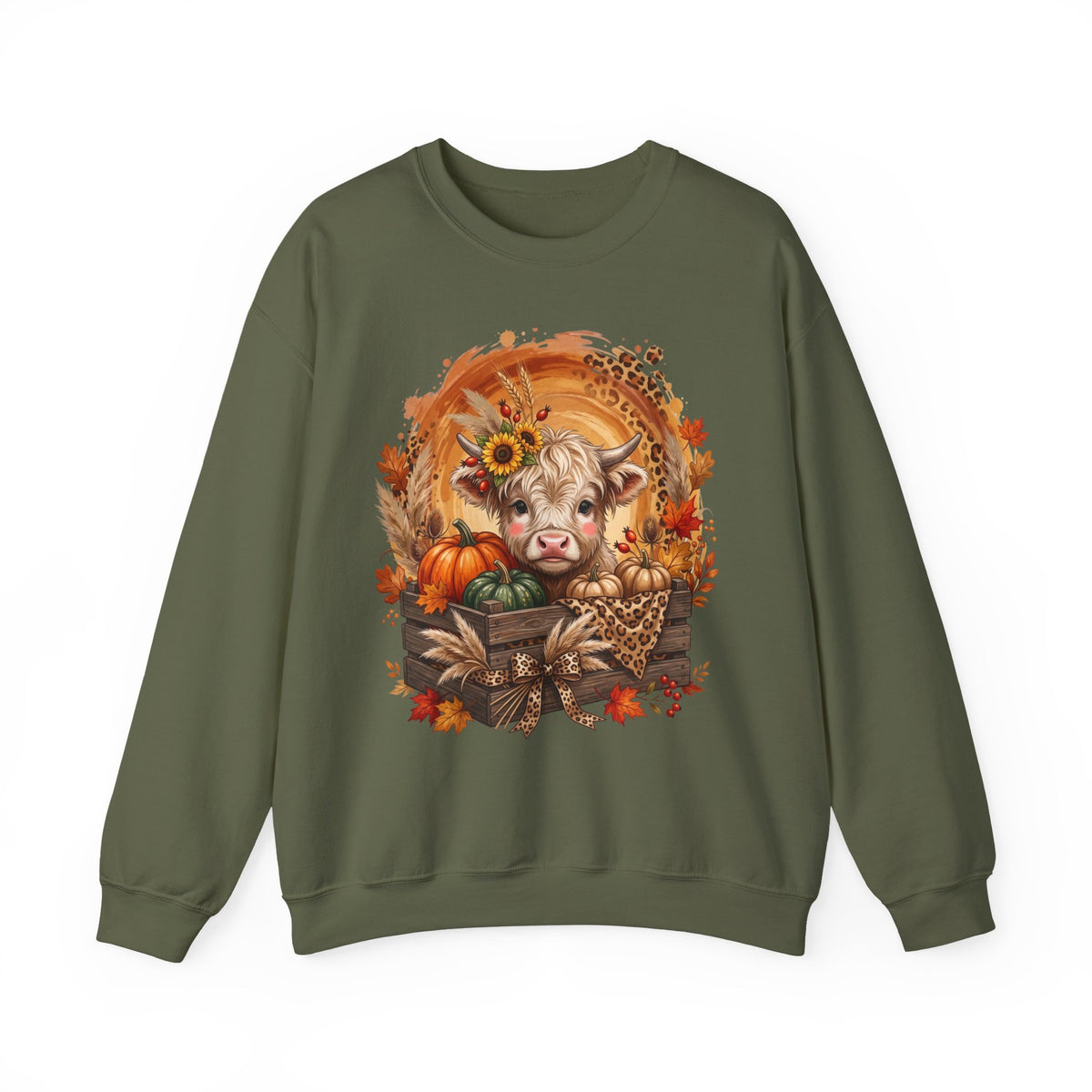 Fall Cow Crewneck Sweatshirt — Autumn Harvest Pumpkins & Sunflower Graphic