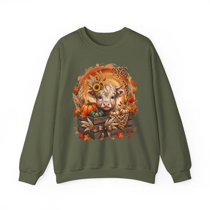 Fall Cow Crewneck Sweatshirt — Autumn Harvest Pumpkins & Sunflower Graphic