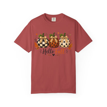 Hello Fall Pumpkin T-Shirt — Rustic Buffalo Check & Leopard Pumpkins, Autumn Graphic Tee