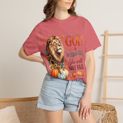 Christian Lion & Fall Pumpkins T-Shirt — "God Is Within Her She Will Not Fail" (Psalm 46:5)