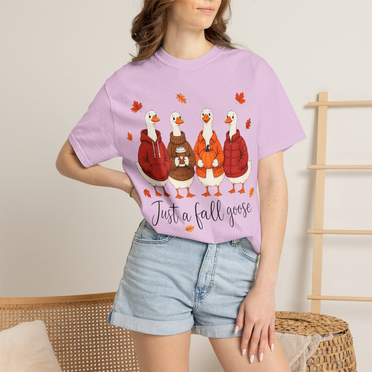 Fall Geese Tee – “Just a Fall Goose” Cute Autumn Goose Graphic T-Shirt