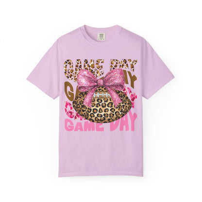Game Day Leopard Football T-Shirt — Pink Bow Tailgate Tee for Women & Fans