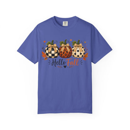 Hello Fall Pumpkin T-Shirt — Rustic Buffalo Check & Leopard Pumpkins, Autumn Graphic Tee