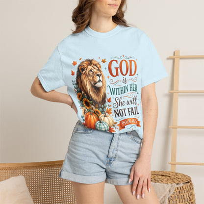 Christian Lion & Fall Pumpkins T-Shirt — "God Is Within Her She Will Not Fail" (Psalm 46:5)