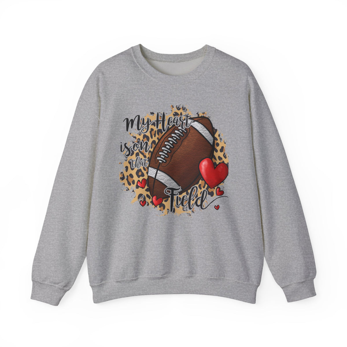 Football Mom Crewneck Sweatshirt — "My Heart is on the Field" Leopard Accent