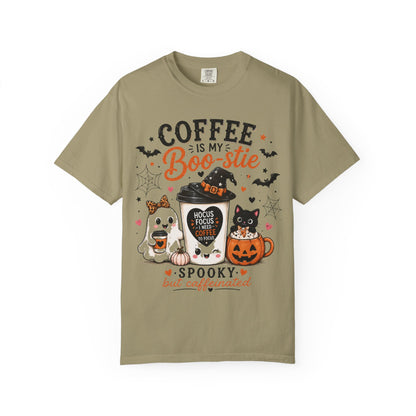 Coffee Is My Boo-stie Halloween Tee — Spooky But Caffeinated Cat & Pumpkin Design
