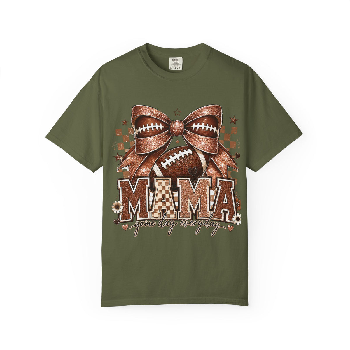 Mama Football Mom T-Shirt — "Mama" Glitter Bow Game Day Tee