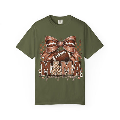Mama Football Mom T-Shirt — "Mama" Glitter Bow Game Day Tee