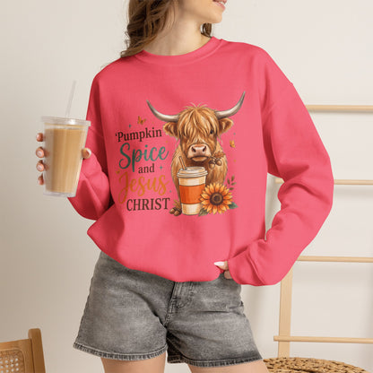 Crewneck Sweatshirt — Pumpkin Spice and Jesus Christ Highland Cow Fall Graphic