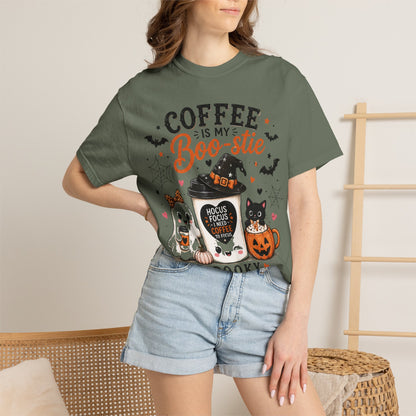 Coffee Is My Boo-stie Halloween Tee — Spooky But Caffeinated Cat & Pumpkin Design