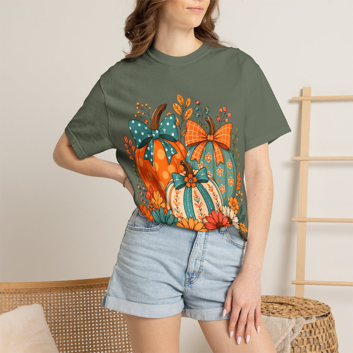 Autumn Floral Pumpkins T-Shirt — Fall Harvest Graphic Tee