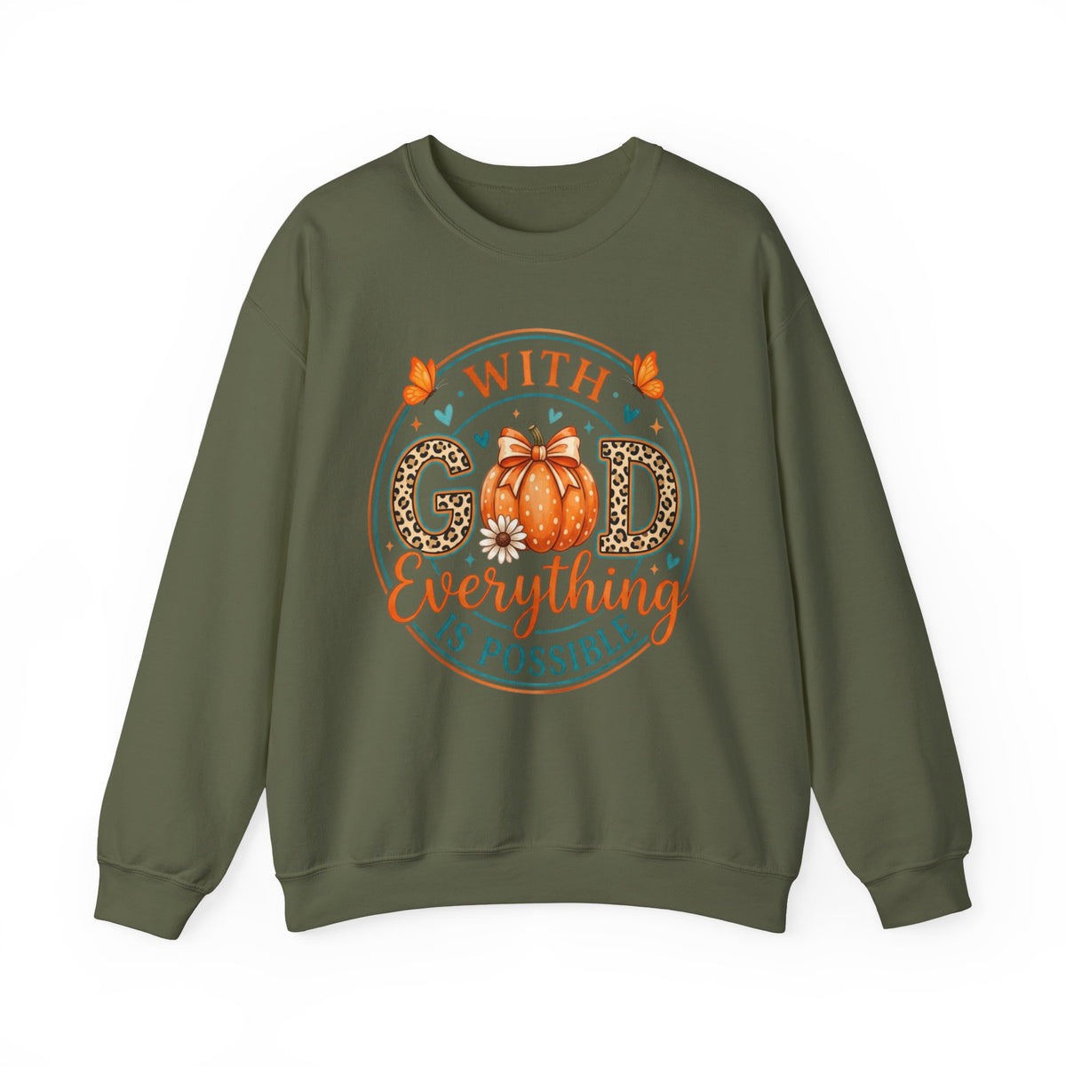 Christian Fall Sweatshirt - "With God Everything Is Possible" Pumpkin Crewneck