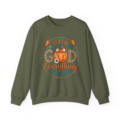 Christian Fall Sweatshirt - "With God Everything Is Possible" Pumpkin Crewneck