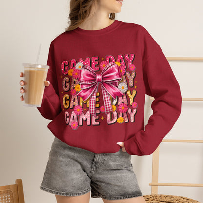 Game Day Bow Sweatshirt — Pink Cheer Graphic Crewneck