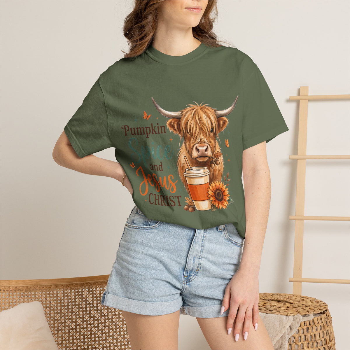 Pumpkin Spice and Jesus T-Shirt — Fall Cow Coffee Graphic Tee