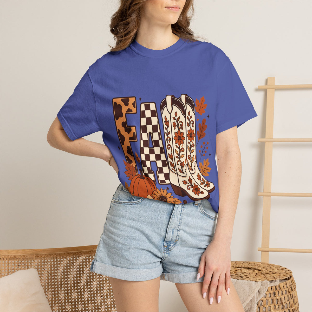 Fall Cowboy Boots T-Shirt — Pumpkin, Leaves & Floral Autumn Graphic Tee