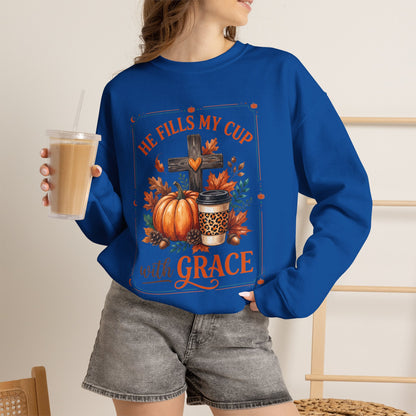 Grace-Filled Autumn Sweatshirt — "He Fills My Cup with Grace" Fall Christian Crewneck