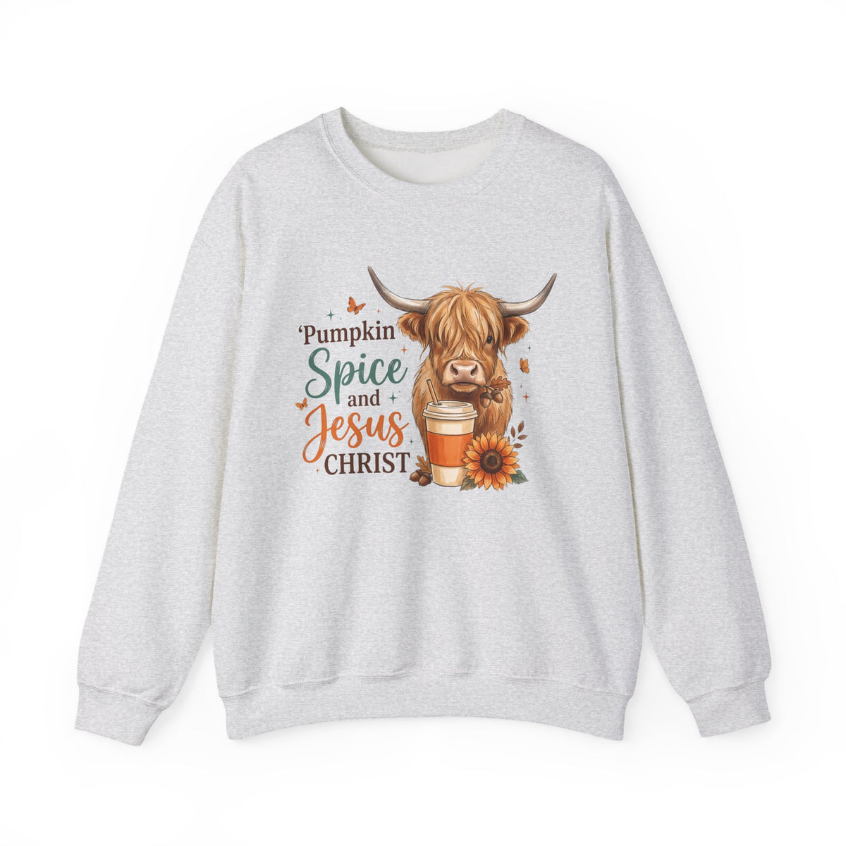 Crewneck Sweatshirt — Pumpkin Spice and Jesus Christ Highland Cow Fall Graphic