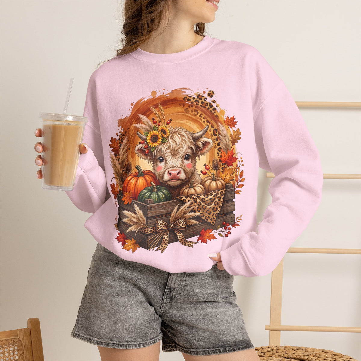 Fall Cow Crewneck Sweatshirt — Autumn Harvest Pumpkins & Sunflower Graphic