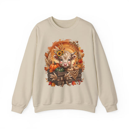 Fall Cow Crewneck Sweatshirt — Autumn Harvest Pumpkins & Sunflower Graphic