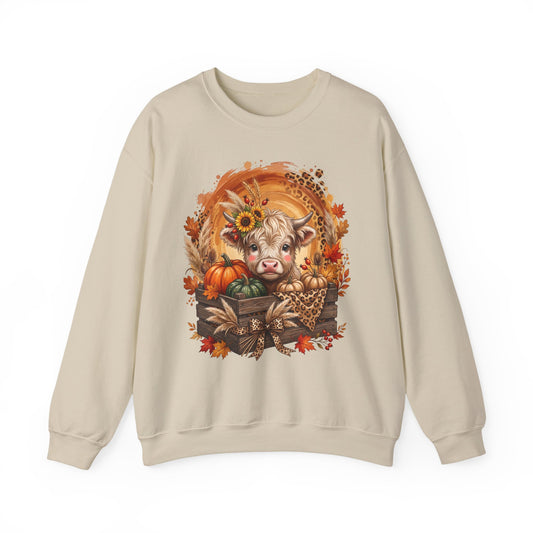 Fall Cow Crewneck Sweatshirt — Autumn Harvest Pumpkins & Sunflower Graphic