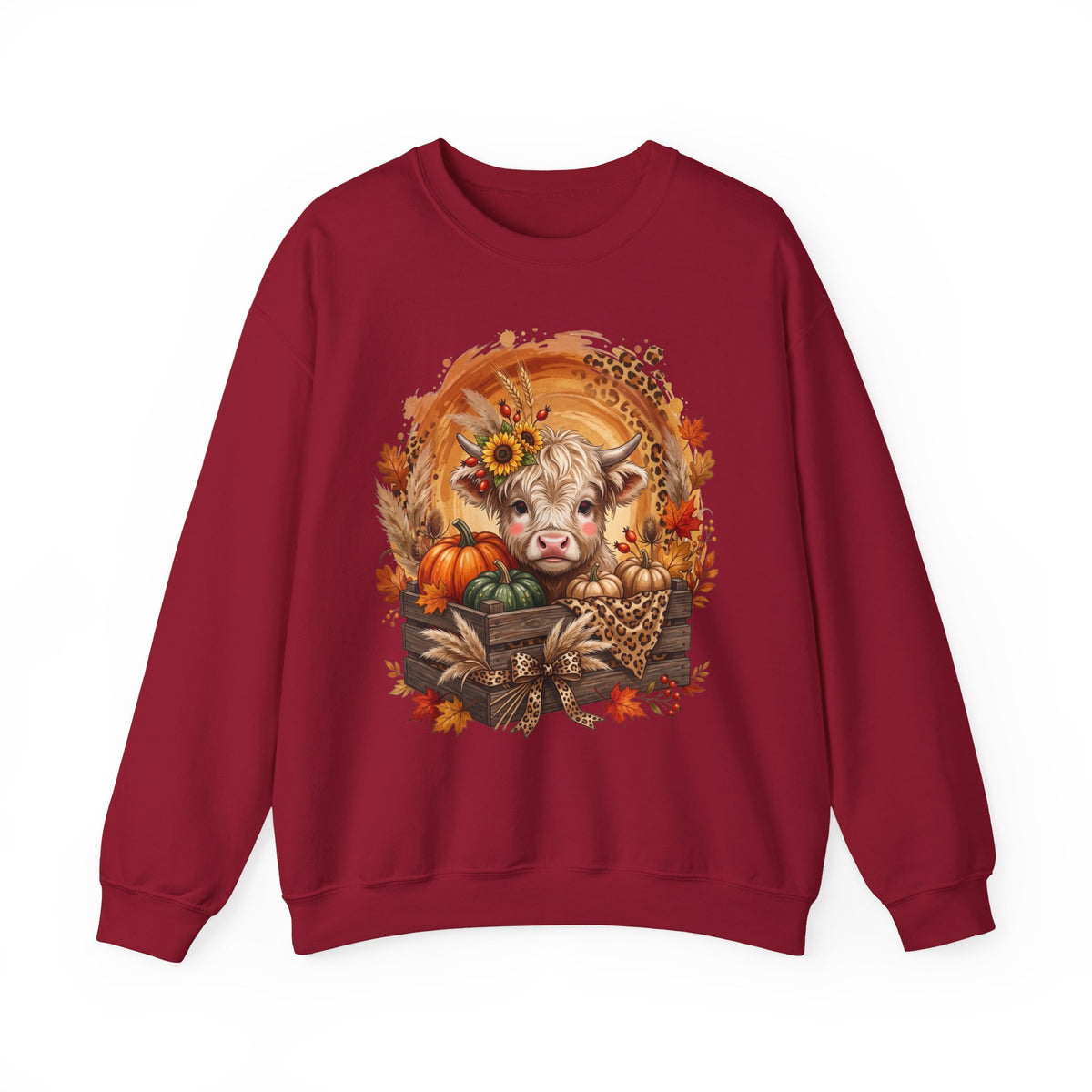 Fall Cow Crewneck Sweatshirt — Autumn Harvest Pumpkins & Sunflower Graphic