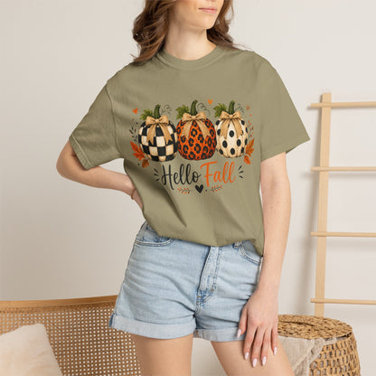 Hello Fall Pumpkin T-Shirt — Rustic Buffalo Check & Leopard Pumpkins, Autumn Graphic Tee