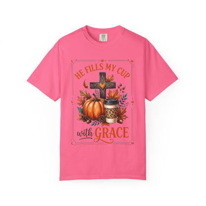 He Fills My Cup With Grace Tee — Christian Fall Pumpkin Cross Coffee Shirt
