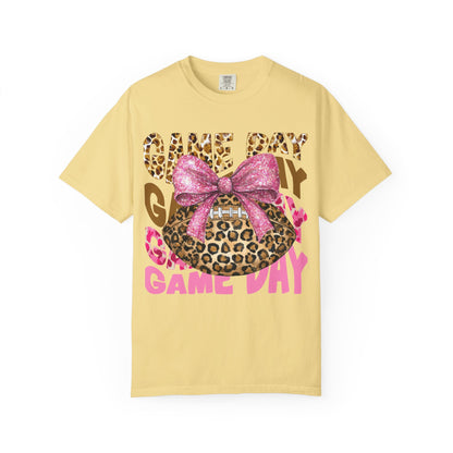 Game Day Leopard Football T-Shirt — Pink Bow Tailgate Tee for Women & Fans