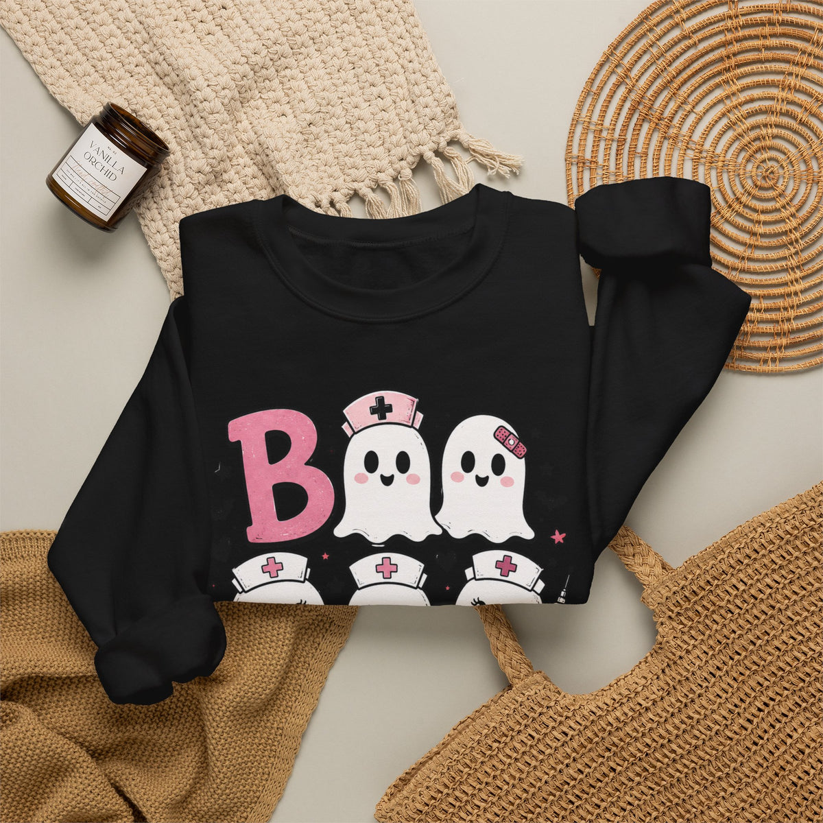 Boo Crew Sweatshirt — Cute Pink Ghost Nurse Halloween Crewneck
