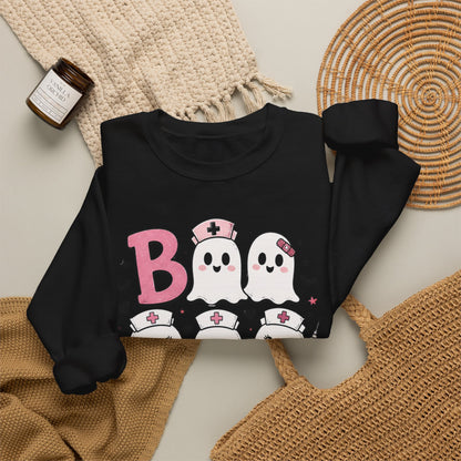 Boo Crew Sweatshirt — Cute Pink Ghost Nurse Halloween Crewneck