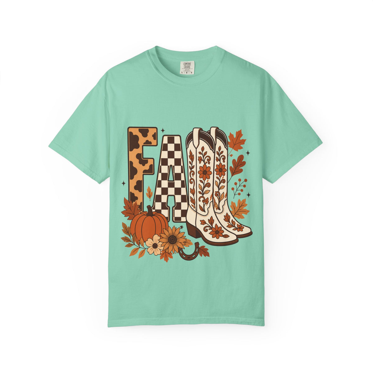 Fall Cowboy Boots T-Shirt — Pumpkin, Leaves & Floral Autumn Graphic Tee