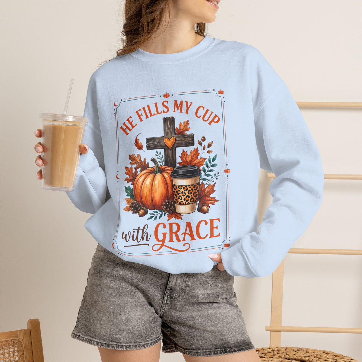 Grace-Filled Autumn Sweatshirt — "He Fills My Cup with Grace" Fall Christian Crewneck