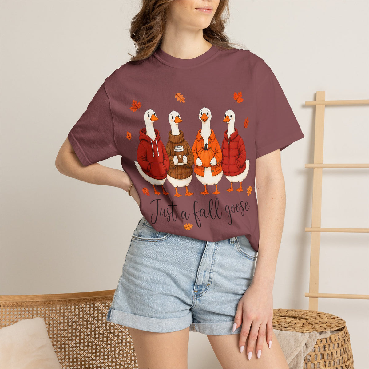Fall Geese Tee – “Just a Fall Goose” Cute Autumn Goose Graphic T-Shirt