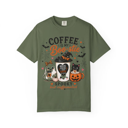 Coffee Is My Boo-stie Halloween Tee — Spooky But Caffeinated Cat & Pumpkin Design