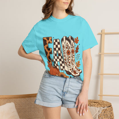 Fall Cowboy Boots T-Shirt — Pumpkin, Leaves & Floral Autumn Graphic Tee