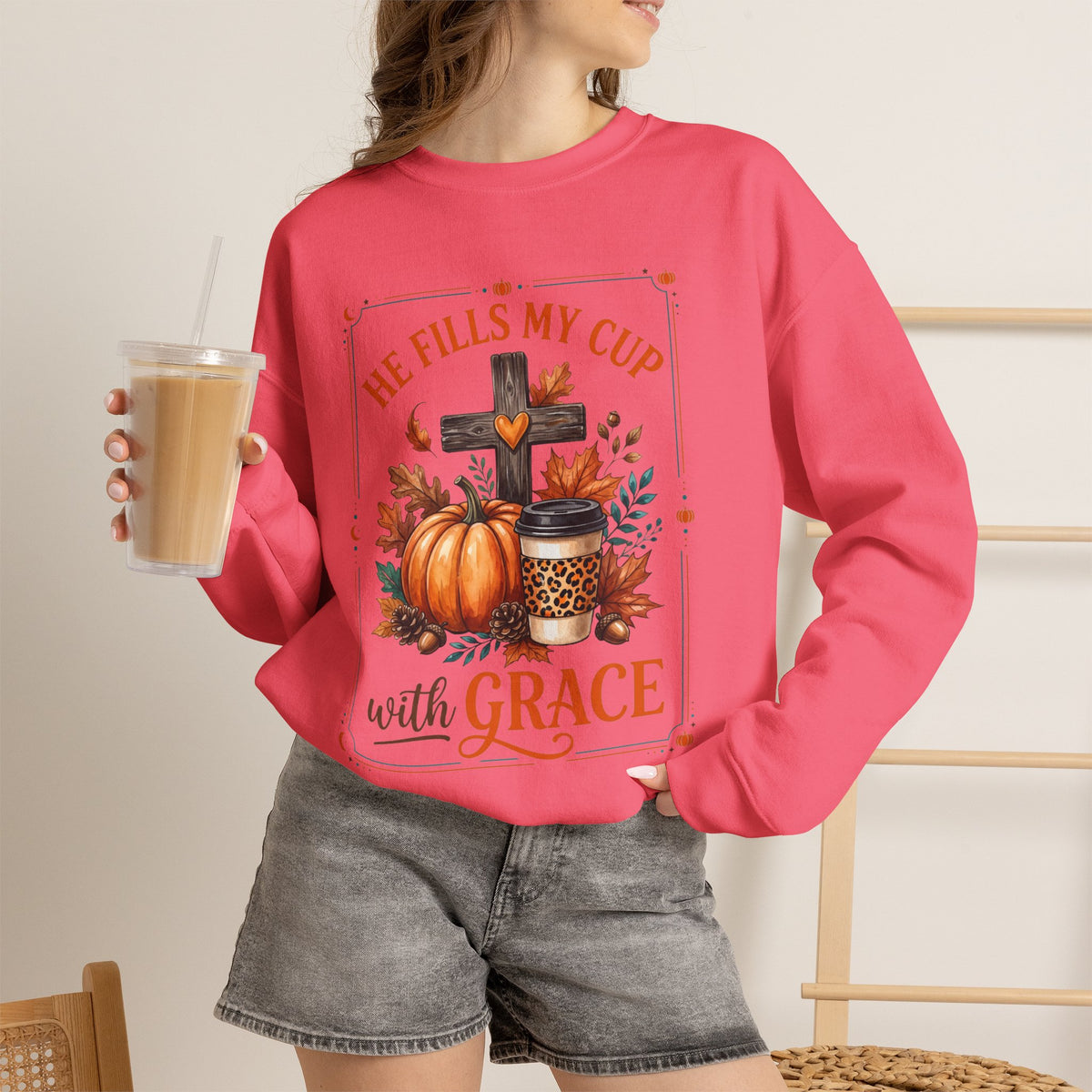Grace-Filled Autumn Sweatshirt — "He Fills My Cup with Grace" Fall Christian Crewneck