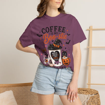 Coffee Is My Boo-stie Halloween Tee — Spooky But Caffeinated Cat & Pumpkin Design