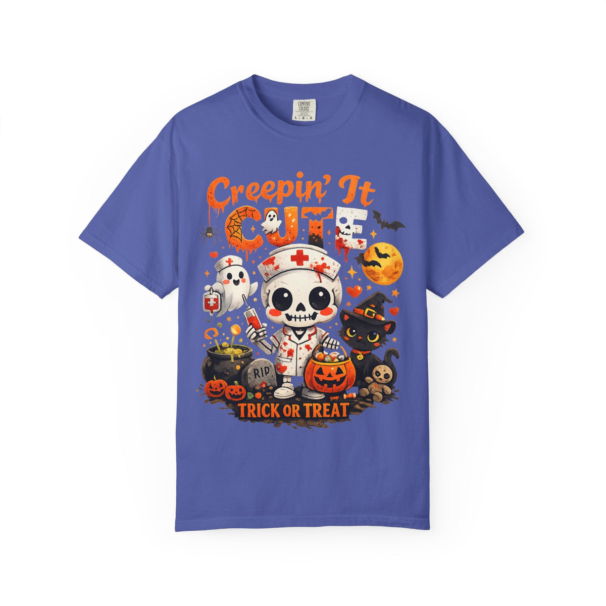 Creepin' It Cute Halloween T-Shirt — Trick or Treat Skeleton & Black Cat Tee
