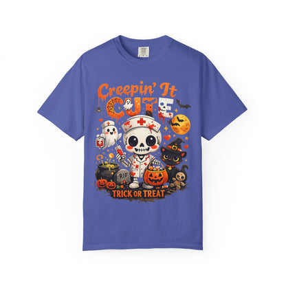 Creepin' It Cute Halloween T-Shirt — Trick or Treat Skeleton & Black Cat Tee