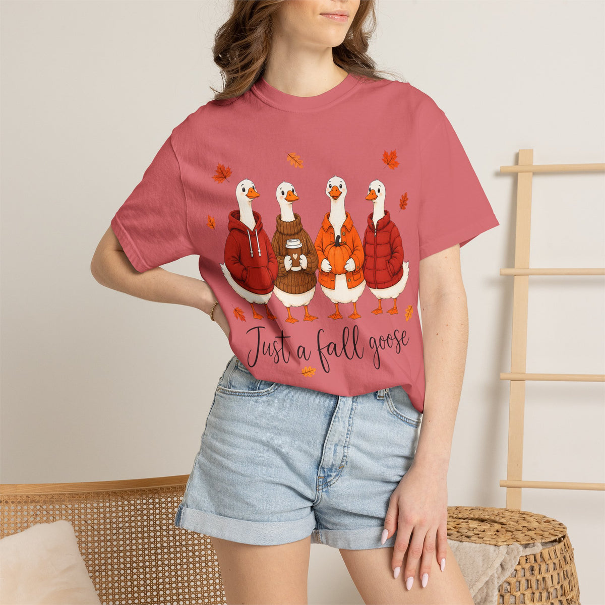 Fall Geese Tee – “Just a Fall Goose” Cute Autumn Goose Graphic T-Shirt