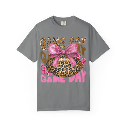 Game Day Leopard Football T-Shirt — Pink Bow Tailgate Tee for Women & Fans