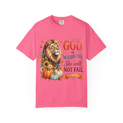 Christian Lion & Fall Pumpkins T-Shirt — "God Is Within Her She Will Not Fail" (Psalm 46:5)